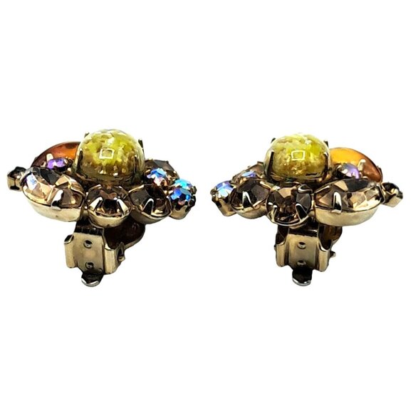 Yellow Foil Art Glass Rhinestone Earrings Autumn Colors Vintage Costume Jewelry - Picture 5 of 8
